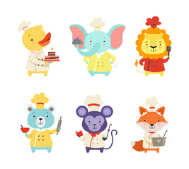 Cute Animals in Chef Uniform Cooking Delicious Dishes Vector Set