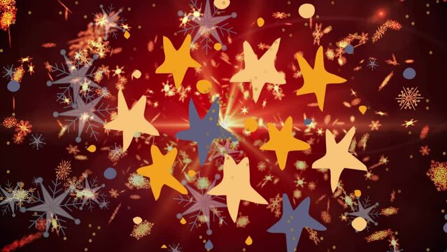 Animation of illuminated light beam and moving snowflakes and star shapes on abstract background