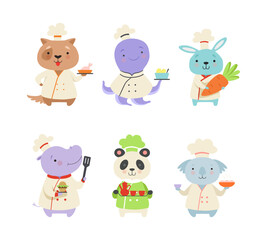 Cute Animals in Chef Uniform Cooking Delicious Dishes Vector Set