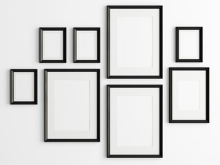 Gallery wall mockup, Black frames on the wall, minimalist frame mockup, 3d render