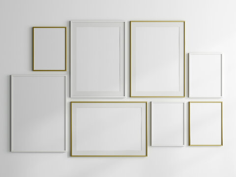 Gallery wall mockup, gold and white frames on the wall, minimalist frame mockup, 3d render