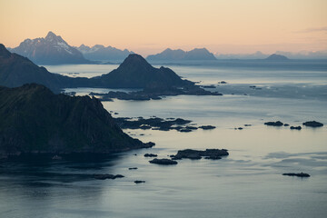 Twilight view across islands, Lofoten Islands, Norway