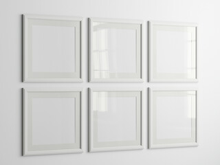 Gallery wall mockup, square white frames on the wall, minimalist frame mockup, 3d render