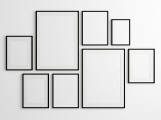 Gallery wall mockup, Black frames on the wall, minimalist frame mockup, 3d render