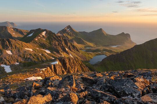 Midnight sun mountain landscape of Flakstad&oslash;y, Lofoten Islands, Norway