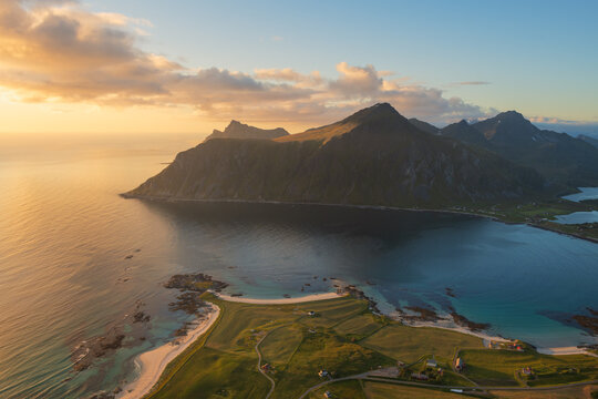 View From Flakstadtind Mountain Over Beach, Lofoten Islands, Norway