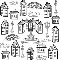 City illustration, vector, black and white line, coloring book, game, learning