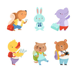 Cute Animals Tourist or Travellers with Camera and Backpack Hiking Vector Set