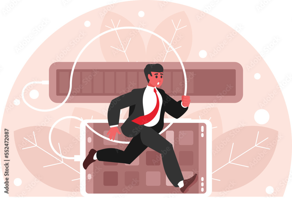 Poster businessman run on progress bar. progress indicator. charge level. running businessman in a suit. la