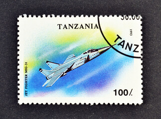 Cancelled postage stamp printed by Tanzania, that shows Mig-31, circa 1993.