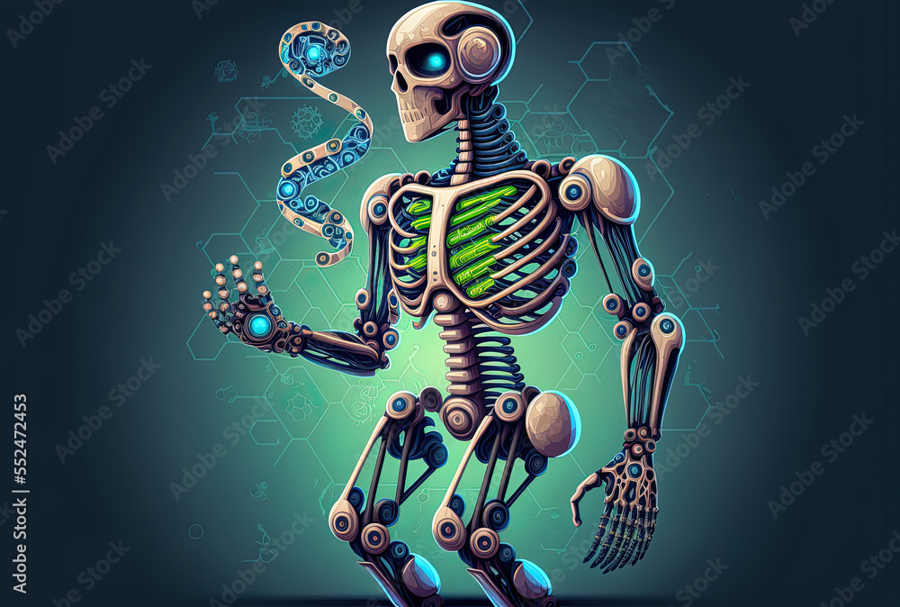Poster robot with artificial intelligence or an android design for medical technologies and a dna helix. ge