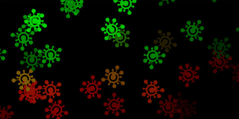 Dark green, red vector background with covid-19 symbols.