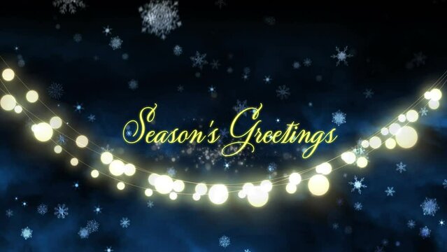 Animation of seasons greetings text at christmas over snow falling