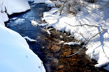 Winter mountain stream flowing among snow-covered shores