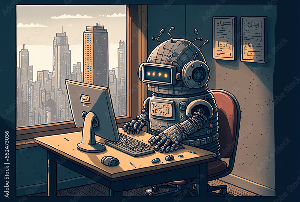 Poster a little robot working in an office against a cityscape. generative ai