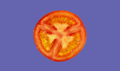 Cross section of a red tomato on a purple background
