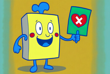 Yellow backdrop with a blue book character mascot holding a confirm or deny, yes or no symbol sign with a red cross and a green checkmark. Generative AI