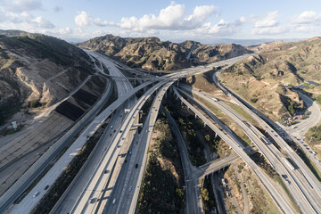 Aerial view of the Golden State 5 and Antelope Valley 14 freeway interchange near Newhall in Los...