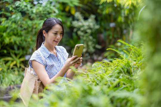 Woman use mobile phone to take photo in flower garden