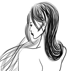 Sketch of a woman standing with the back with long hair. Outline digiyal drawing.