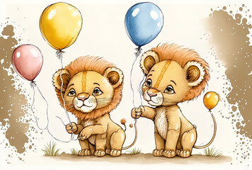 Illustration in watercolor of a set of adorable cartoon lion cubs with balloons. Generative AI