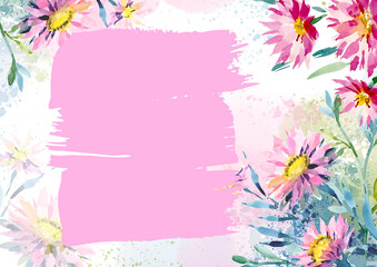 Banner or background with watercolor abstract pink flowers for text. Provence style template for the design of invitations, postcards