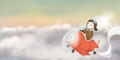 child driving an airplane illustration 