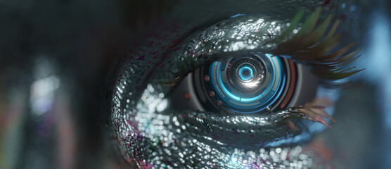 An artificial cyber eye, macro shot, digital electronic  sci-fi design of a robot with human skin, depth of field with bokeh