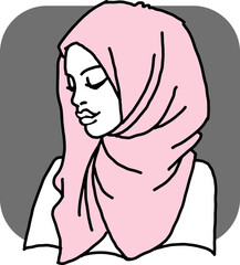 Young Arab woman with beautiful face in traditional fashion hijab head wear scarf. 1001 night style. Hand drawn isolated vector illustration. Simple silhouette line drawing.