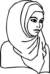 Young Arab woman with beautiful face in traditional fashion hijab head wear scarf. 1001 night style. Hand drawn isolated vector illustration. Simple silhouette line drawing.