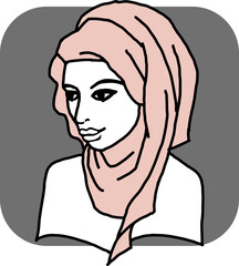 Young Arab woman with beautiful face in traditional fashion hijab head wear scarf. 1001 night style. Hand drawn isolated vector illustration. Simple silhouette line drawing.