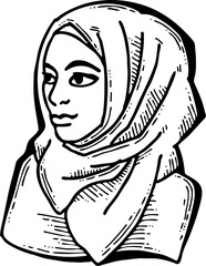 Young Arab woman with beautiful face in traditional fashion hijab head wear scarf. 1001 night style. Hand drawn isolated vector illustration. Simple silhouette line drawing.