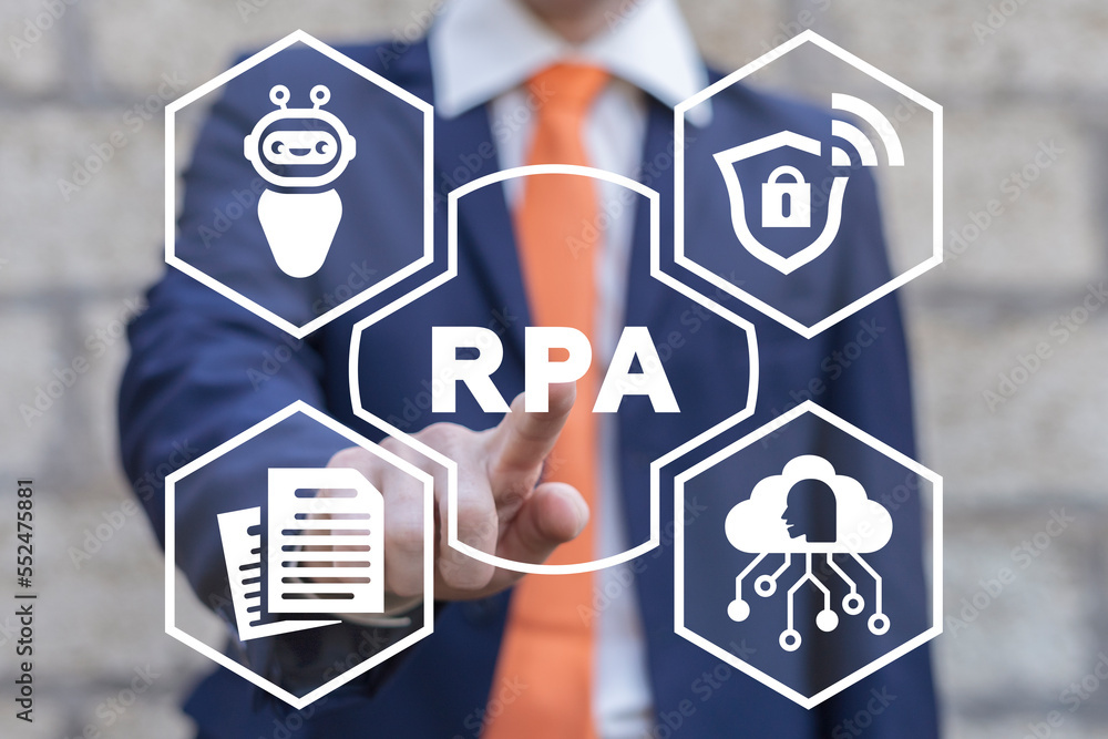 Poster businessman using virtual touchscreen presses abbreviation: rpa. concept of rpa robotic process auto