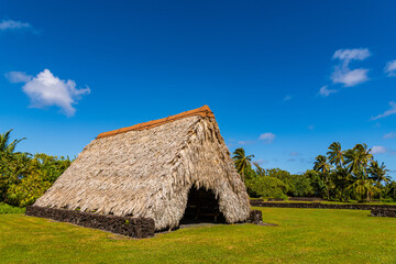 Fototapeta na wymiar Traditional Hawaiian thatched house in Kahanu Garden, Hana, Maui