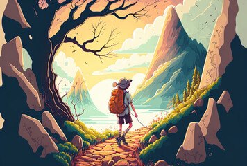 Fototapeta premium enchanting scene of a young traveler strolling over the deserted path climbing up the mountain. Generative AI