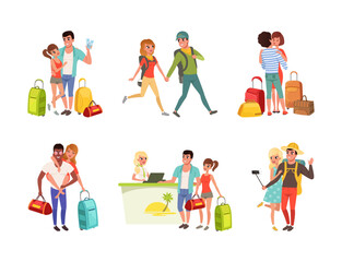 Happy Couple Enjoying Summer Vacation Together Having Honeymoon Trip Vector Set