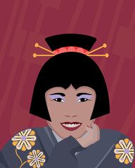 vector illustration of portrait of japanese geisha with traditional costume and hairstyle