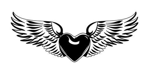 Heart with wings. Black and white heart. Symbol of love.