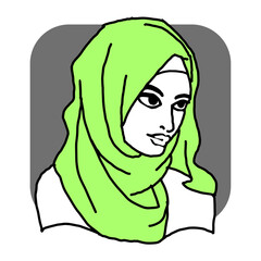Young Arab woman with beautiful face in traditional fashion hijab head wear. Hand drawn isolated illustration. Line style comics cartoon drawing. 