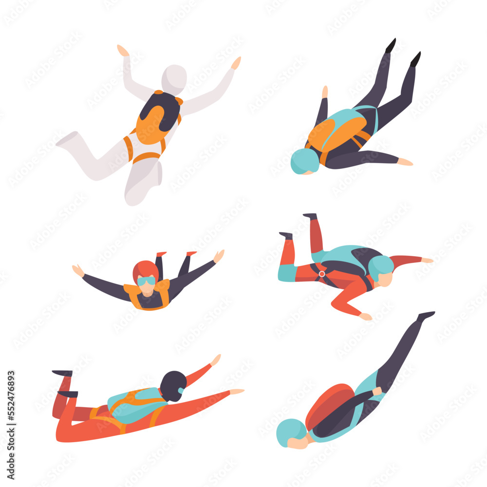 Poster man character skydiving falling down with parachute vector set