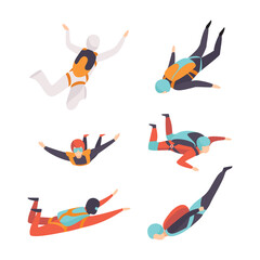 Man Character Skydiving Falling Down with Parachute Vector Set
