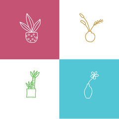 Flowers in the pot 1. Nature line art vector illustration of flowers and leaves beautiful collection set.