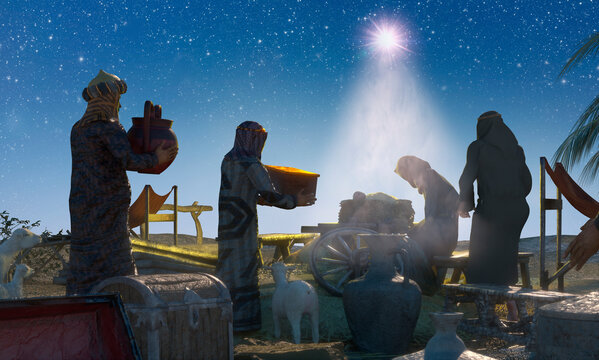 Three wise kings, 3 men bringing gifts to Jesus. Nativity scene Christian religious background render 3d