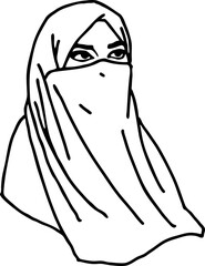 Young Arab woman with beautiful face in traditional fashion niqab head wear. Hand drawn isolated vector line illustration. Comic cartoon character.