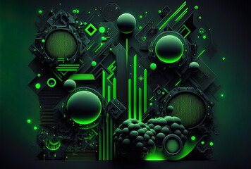 Fototapeta na wymiar with a neon lit abstract geometric backdrop in black and green. Science fiction example. Generative AI
