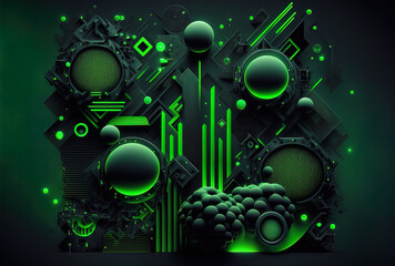 with a neon lit abstract geometric backdrop in black and green. Science fiction example. Generative AI