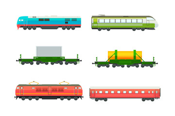 Passenger and Freight Train with Wagon Vector Set