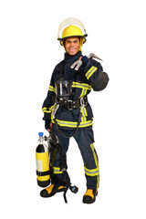 Full body young smiling African-American man in uniform of fireman with breathing air cylinder...