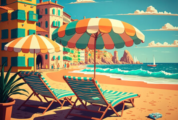 On the Mediterranean coast, there are comfy sun loungers and straw beach umbrellas. Generative AI