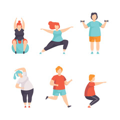 Overweight People Characters Doing Sports and Physical Exercise at Gym Vector Set